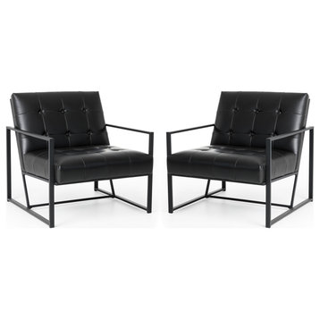 Modern Leatherette Accent Armchair With Black Metal Frame, Set of 2, Black
