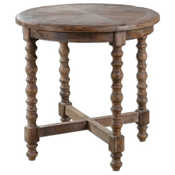Rustic Wood Spindle Leg End Table With Sunburst Top