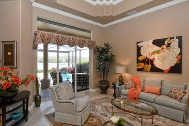 Inspiration for a large timeless formal and open concept porcelain tile living room remodel in Tampa with no fireplace and no tv