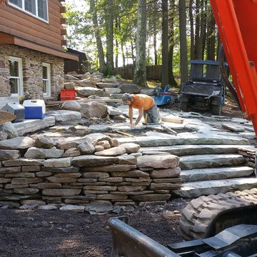 Rural Landscape Design - Fieldstone Wall, Flagstone Path, Boulder Steps