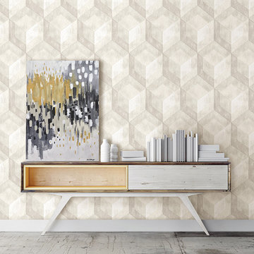 Rustic Wood Tile Cream Geometric Wallpaper