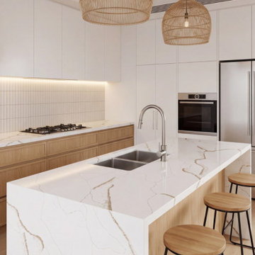 Modern Australian Kitchen with Siena Gold Engineered Stone Benchtops & Waterfall