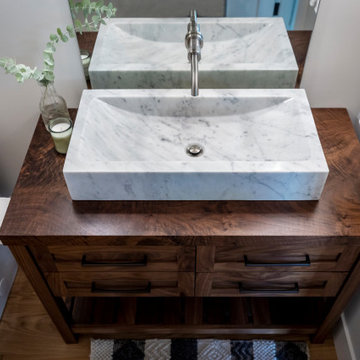 White Marble Vessel Sink on Walnut Bathroom Vanity