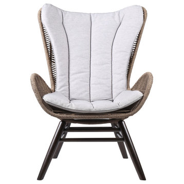 Benzara BM245724 Indoor Outdoor Lounge Chair With Rope Woven Wingback, Brown