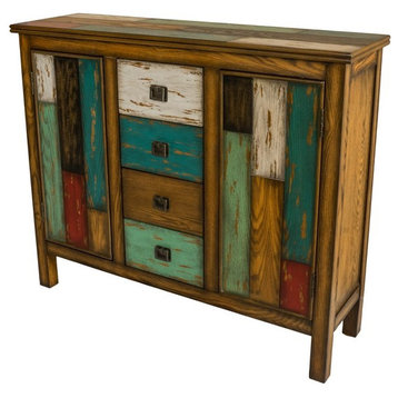 Rustic Storage Cabinet, Multicolored Design With Storage Drawers and Metal Pulls