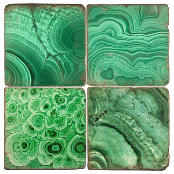 Tumbled Marble Coaster St/4 With Coaster Stand, Malachite