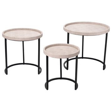 Set of 3 Round Faux Shagreen Accent Tables Cream Black Grouping Tiered Open