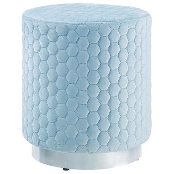 Linon Aiden Round Quilted Fabric Stool with Silver Metal Base in Blue