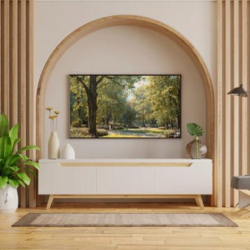 Spring Park Landscape Canvas Wall Art - Blooming Trees Scenic Nature Painting