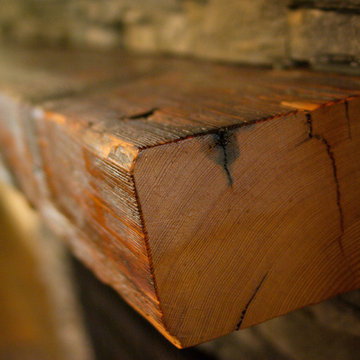 Reclaimed Wood Mantel Detail Showing Grain Texture and Natural Character