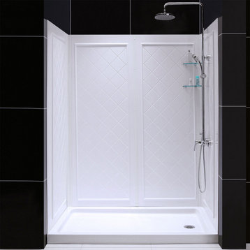 30 D x 60 W x 76.75 H Right Drain Acrylic Shower Base, QWALL-5 Backwall, White