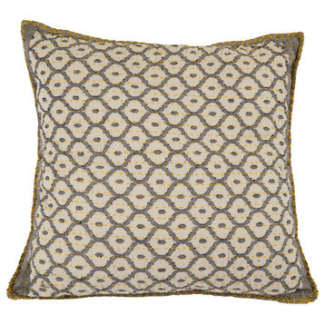 Artisan Hand Loomed Cotton Square Pillow Cover, Gray With Yellow Stitching, 24"