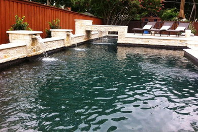 Inspiration for a large modern backyard stone and custom-shaped natural pool fountain remodel in Dallas