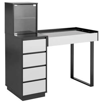 SlayStation Desk with Drawers for Bedroom Duet Glasstop Makeup Table, Black/Grey