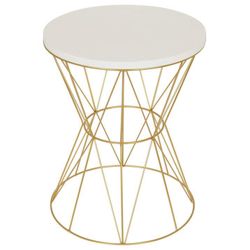Round Accent Table with Cage Metal Frame, White and Gold