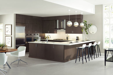 Trendy kitchen photo in Other with flat-panel cabinets, dark wood cabinets, stainless steel appliances, a peninsula and white countertops