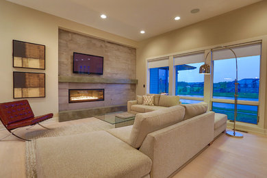 Inspiration for a mid-sized modern formal and open concept light wood floor living room remodel in Omaha with beige walls, a ribbon fireplace, a tile fireplace and a wall-mounted tv