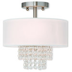 Livex Lighting - Ceiling Mount With Clear Crystals and Off-White Fabric, Brushed Nickel - A contemporary style semi flush mount from the Carlisle collection. The design features a brushed nickel housing and canopy, with hanging strands of beautiful clear crystal. A hand crafted off white fabric hardback drum shade surrounds the crystals and fixture frame, and creates a magnificently sophisticated look.
