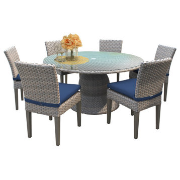 Florence 60" Patio Dining Table With 6 No Arm Chairs, Navy