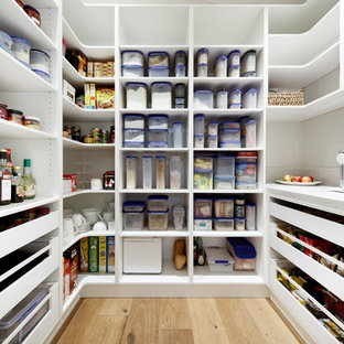 Zweizeilige, Große Mid-Century Küche mit Vorratsschrank, Unterbauwaschbecken, flächenbündigen Schrankfronten, grauen Schränken, Quarzwerkstein-Arbeitsplatte, Rückwand-Fenster, Küchengeräten aus Edelstahl, hellem Holzboden, Halbinsel, beigem Boden und bunter Arbeitsplatte in Sydney