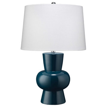 Clementine Table Lamp, Steel Blue Ceramic With Cone Shade, White Linen