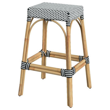 Home Square Rattan Backless Barstool in White and Black - Set of 2