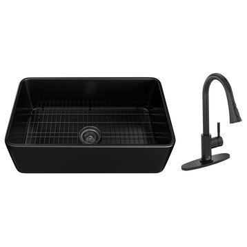 Fireclay Single Bowl Farmhouse Apron Kitchen Sink with Pull Down Kitchen Faucet, 30