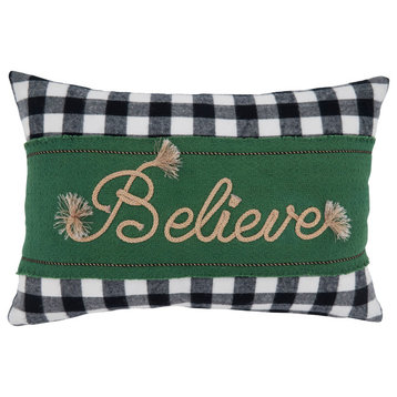 Buffalo Plaid Down-Filled Throw Pillow With Believe Design, 12"x18", Green