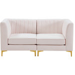 Meridian Furniture - Alina Velvet Upholstered 2-Piece Modular Sectional, Pink - Bring modern beauty to your space with the addition of this Alina Velvet Modular Sofa. This beautiful sofa features deep channel tufting to ramp up its visual interest and add to its resilient demeanor. Its soft Pink velvet upholstery blends nicely with existing elements in your room and is sleek to the touch, making this seat a super comfortable one. Part of the modular Alina collection, this sofa has a latch that attaches it to other pieces to create your custom seating arrangement.