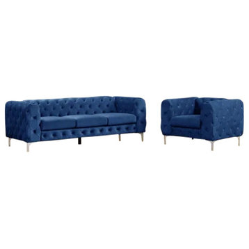 Rebekah 2 Piece Velvet Standard Foam Living Room Set Sofa+Chair, Royal Blue Velvet