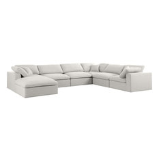 Serene Linen Down Filled Cloud Modular Sectional, Cream, 6-Seater and 1 Ottoman
