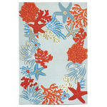 Liora Manne - Ravella Ocean Scene Indoor/Outdoor Rug, Aqua, 8'3"x11'6" - This hand-hooked area rug features sea life that loosely forms a border around an aqua blue background. Accented with orange, yellow and blue, this design will make a colorful impact on any indoor or outdoor space. Made in China from a polyester acrylic blend, the Ravella Collection is hand tufted to create vibrant multi-toned detailed designs with tight textural loops and a high quality finish. The material is flatwoven, weather resistant and treated for added fade resistance, making this area rug perfect for indoor or outdoor placement. This soft, durable area rug is ideal for your patio, sunroom or those high traffic areas such as your kitchen, living room, entryway or dining room. Intricately shaded yarns bring to life the nature inspired designs of this collection that will beautifully accent your home. Limiting exposure to rain, moisture and direct sun will prolong rug life.