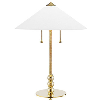 Flare 2 Light Table Lamp, Aged Brass Finish, White Belgian Linen Shade