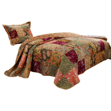 Kamet 2 Piece Fabric Twin Size Bedspread Set With Floral Prints, Multicolor