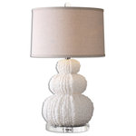 Uttermost - Uttermost Fontanne Shell Ivory Table Lamp - Heavily Textured Base With A Shell Ivory Finish Accented With Crystal Details. The Slightly Tapered Round Hardback Shade Is A Beige Linen Fabric With Natural Slubbing.