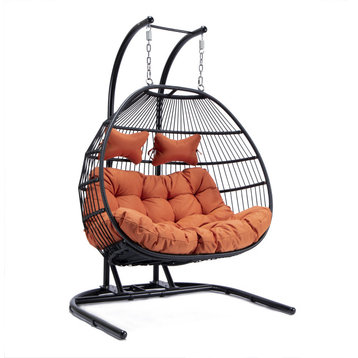 LeisureMod Black Wicker 2 Person Hanging Egg Swing Chair, Orange