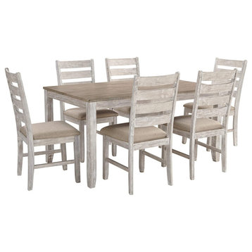 Cottage Dining Room Table Set with 6 Upholstered Chairs, Whitewash