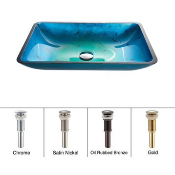 Irruption Blue Rectangle Glass Vessel Bathroom Sink, PU Drain, Oil Rubbed Bronze