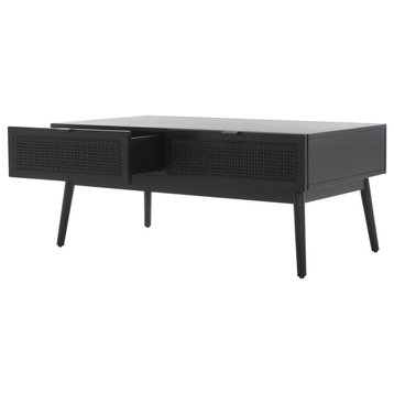 Modern Coffee Table, Large Top and 2 Storage Drawers With Rattan Front, Black