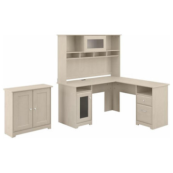 Cabot L Desk with Hutch and Small Cabinet in Linen White Oak - Engineered Wood