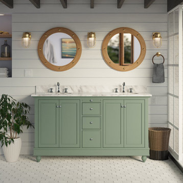Bella 60" Bathroom Vanity, Sage Green, Carrara Marble, Double Vanity