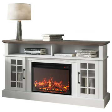 Rustic Classic TV Stand, Center Fireplace & Side Window Pane Doors, White