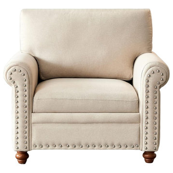 Traditional Accent Chair, Bun Feet & Polyester Seat With Nailheaded Arms, Beige