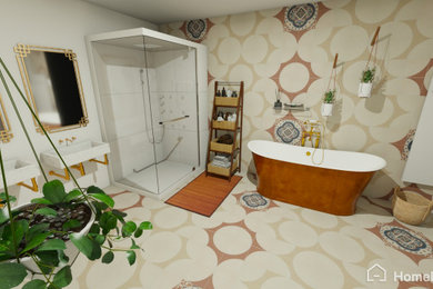 Idées déco pour une grande salle d'eau beige et blanche rétro avec une baignoire posée, une douche d'angle, un carrelage beige, un mur beige, une grande vasque, un sol blanc, du carrelage bicolore et meuble double vasque.