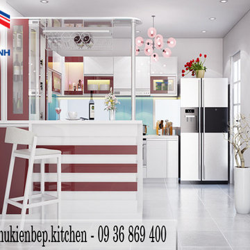 TỦ BẾP ACRYLIC TRẮNG ĐỎ ĐÔ PHỐI QUẦY BAR SANG TRỌNG PKB0068 THI CÔNG TỦ BẾP NHÀ