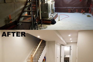 Mid-sized minimalist look-out carpeted and beige floor basement photo in Toronto with beige walls