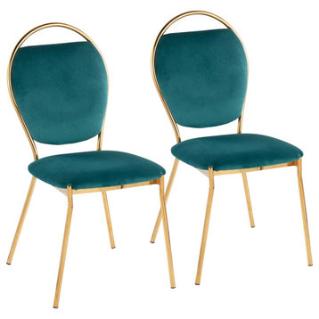 Keyhole Dining Chair, Set of 2, Gold Metal, Green Velvet