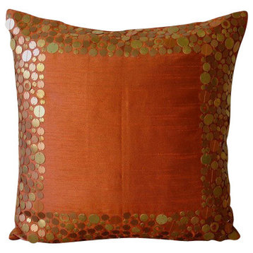Metal Sequins Orange Art Silk Throw Pillow Covers 14"x14", Rust Glamor