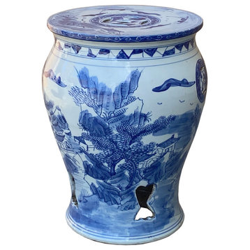 Chinese Blue and White Porcelain Mountain Tree Small Round Stool Table Hcs7405