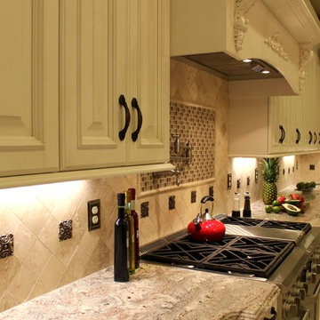 Luxurious Kitchen w/Antique White Cabinetry & Custom Wood Range Hood